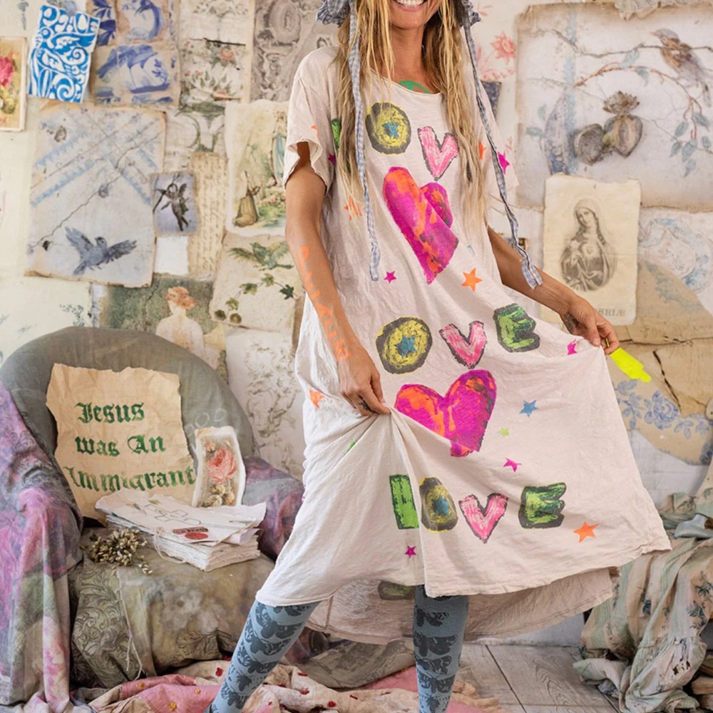 Magnolia Pearl Cream Midi Dress with Neon Pink & Neon Green Heart Graphics